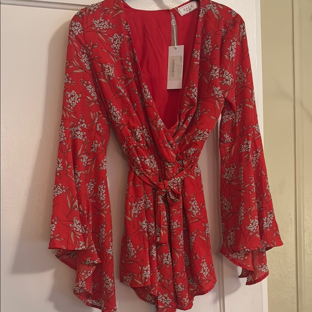Sage Red Wrap romper with Flutter Sleeves